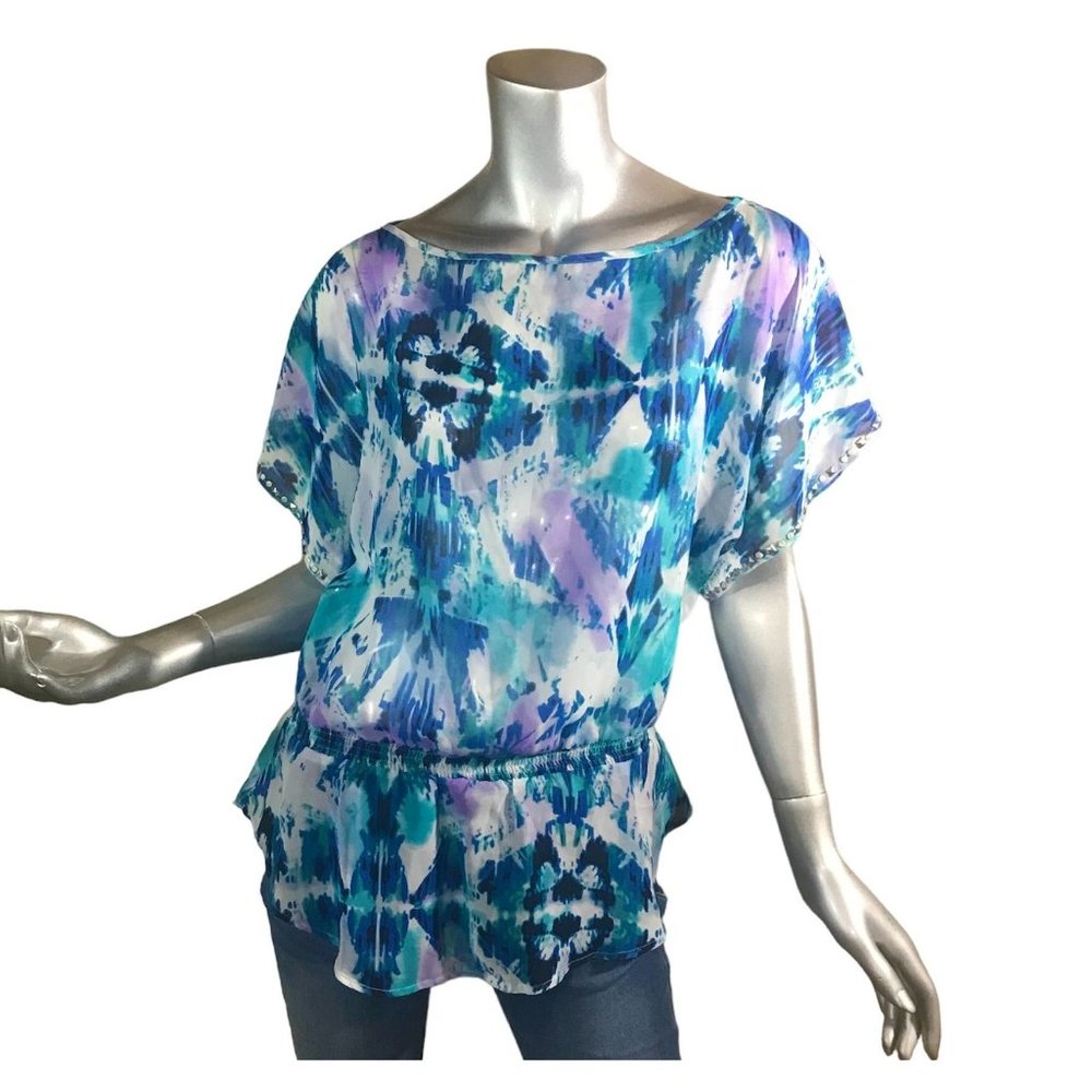 Rock & Republic Women's XS Tie Dye Geometric Blouse Elastic Waist Blue Green Pur